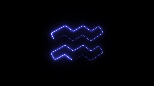 Glowing blue neon aquarius zodiac sign symbol on a minimalist black background the distinct symbol for the sign