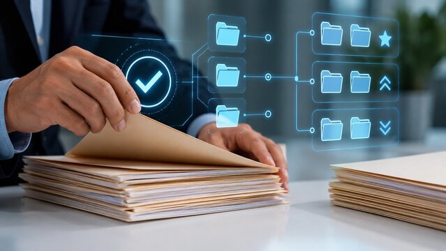 AI Document Triage And Digital File Routing With Holographic Folder Icons