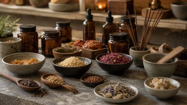 Selection of natural herbs and ingredients on a wooden table in a cozy workspace for crafting herbal remedies and potions during the afternoon
