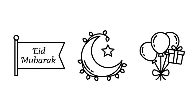 Eid mubarak flag crescent moon with lights balloons with gift icons gift box balloons celebration festival decoration greeting happiness illustration religious tradition gathering