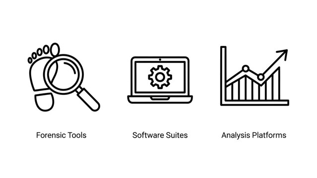 Forensic tools software suites analysis platform icons with forensic software analysis platform illustration collection computer magnifying footprint investigation technology progress