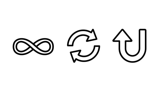 Icons representing infinity refresh cycle turnaround arrow with circular arrow turn around infinity limitless turnaround direction workflow circular continuous illustration collection