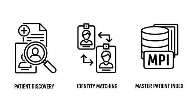 Outline icons illustrating patient discovery identity matching master patient index concepts in healthcare informatics electronic health record magnifying glass healthcare informatics