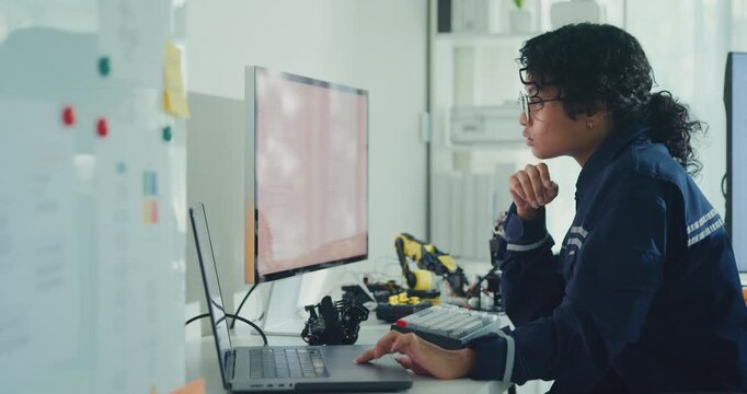 Young African American female robotics engineer coding AI software for robotic arm in laboratory. Embedded system, firmware testing, machine learning, industrial automation, future technology concept.