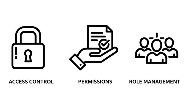 Access control permissions role management outline icons set with line art privacy policy security system user rights data security permissions security authentication authorization document