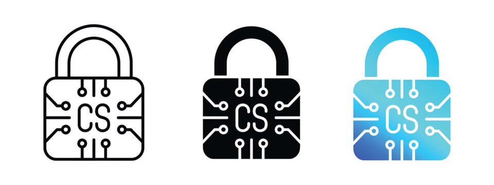 Cyber security padlock icon set with CS letters and digital circuit nodes in outline silhouette and blue gradient styles