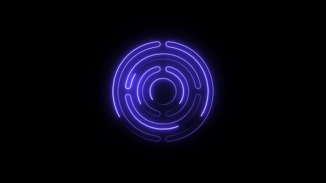 Abstract blue neon outline circular maze pattern on black background, digital art a hypnotic presenting