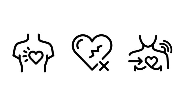 Medical icons set: heart health chest pain arrhythmia cardiovascular disease symptoms with line art cardiology diagnosis emergency discomfort cardiovascular healthcare hospital circulation