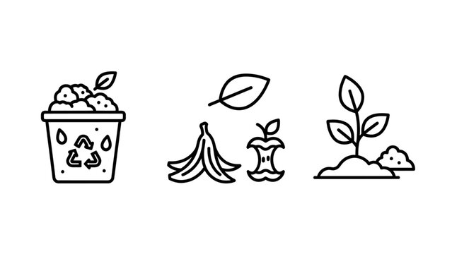 Organic waste management icons: composting recycling sustainable plant growth zero waste banana peel apple core eco friendly line art composting recycling environment sustainable