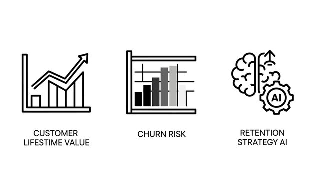 Business metrics icons: customer lifetime value churn risk analysis AI retention strategy artificial intelligence problem solving line art customer lifetime retention strategy business