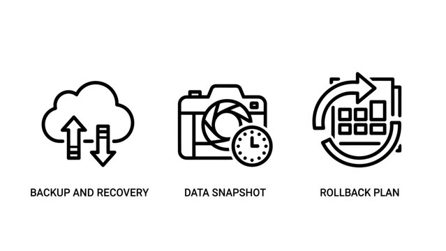 Data backup recovery snapshot rollback plan icons for system security and information management with restore point recovery snapshot rollback document security synchronization information