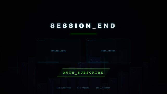 A dark digital screen displaying 'SESSION_END' with system messages like 'SESSION_DATA', 'AUTH_ERROR', and 'AUTH_SUBSCRIBE' in a technical interface.