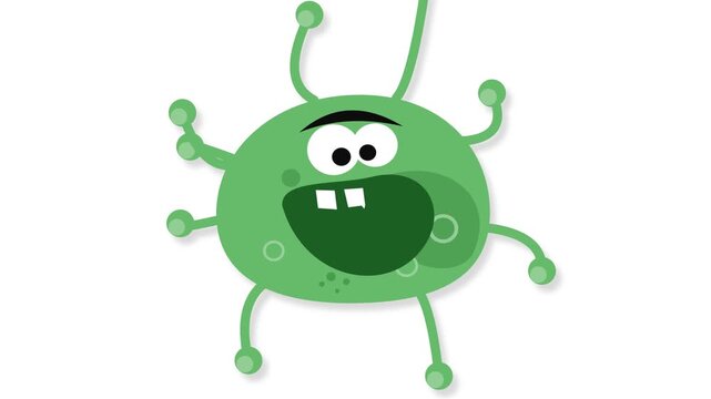 A whimsical cartoon illustration of a green microbe or germ with large eyes and multiple limbs, depicted on a white background.