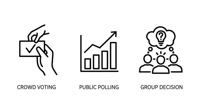 Crowd voting public polling group decision making icons for social issues and community engagement with decision election consensus democracy selection referendum checkmark analysis statistics