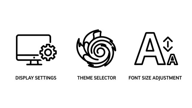 Graphic icons for user interface display settings theme selector font size adjustment user experience settings adjustment customization personalize preferences software application