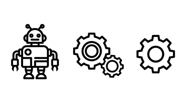 Robotics and industrial automation icon set featuring cute robot character and mechanical engineering cogwheel system gears robotics automation technology engineering industrial mechanical