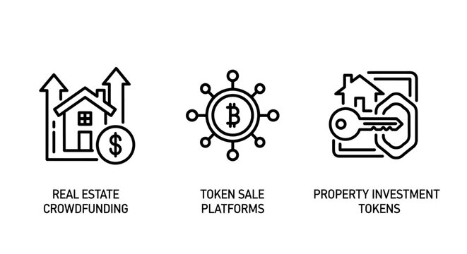 Fintech and real estate investment icons showing crowdfunding token sale platforms and property tokens with business investment crowdfunding platform property blockchain currency mortgage