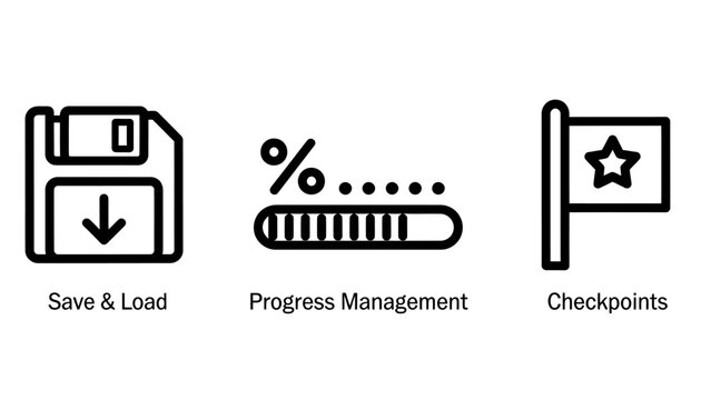 Set of linear icons for game and computer software progress management including save load floppy disk percentage loading status bar level checkpoint flag with star progress management