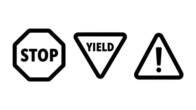 Black and white road sign icons set featuring stop yield and warning triangle symbols on white background regulation transport direction triangle exclamation collection illustration isolated