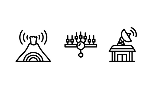 Early warning system icons illustrating volcanic activity monitoring signals and satellite telecommunication station for scientific research observation with satellite research transmission