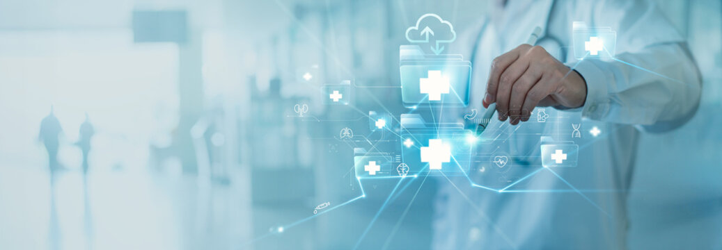 Healthcare technology, Doctor using folders backup data on Cloud Computer technology and storage online of patients, and Computer backup storage medical data on internet network, Digital Healthcare.