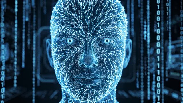 Artificial Intelligence Concept with Digital Face and Binary Code