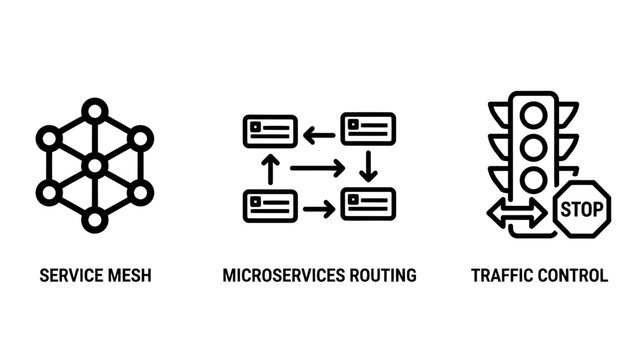Cloud computing and software architecture icons for service mesh microservices routing and traffic control with technology software architecture microservices computing infrastructure management