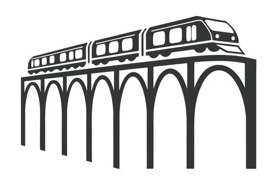 Black and white silhouette of a steam train chugging along on tracks, vintage travel