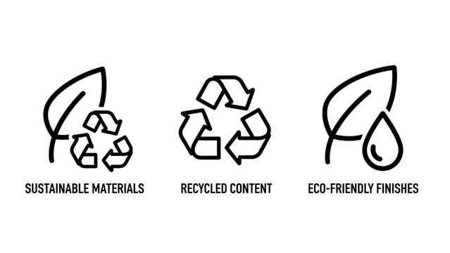 Set of eco-friendly and sustainability icons including sustainable materials recycled content eco-friendly finishes for green manufacturing sustainability material environment conservation
