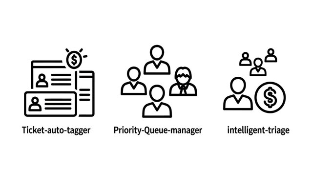 Business customer support workflow icons for ticket auto tagger automated priority queue manager and intelligent triage analytics systems with business customer management automation priority