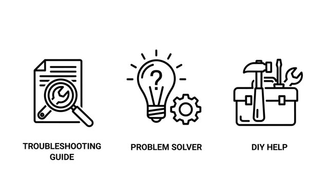 Technical repair support icons including troubleshooting guide manual creative problem solver idea and diy help toolbox kit with troubleshooting lightbulb solution technical document magnifying