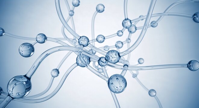 Abstract network of transparent spheres and interconnected tubes representing molecular structure or neural connections science and technology concept
