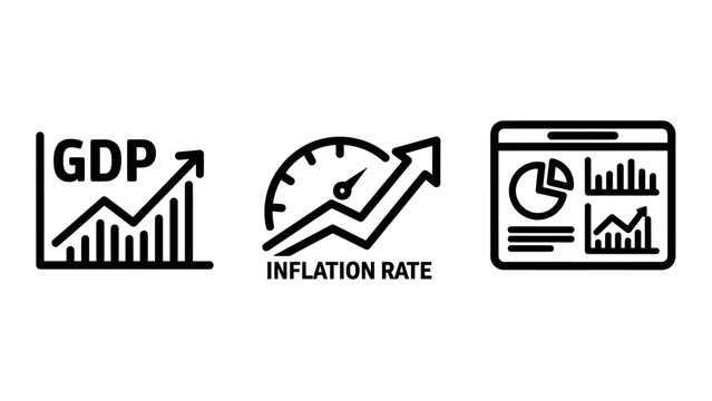 Economic finance icons representing gdp inflation and market analysis with economics inflation analysis statistics business currency percentage investment commerce performance projection
