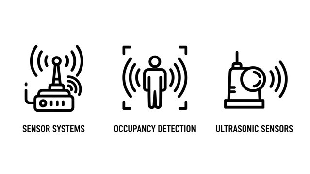 Smart sensor technology icon set featuring occupancy detection and ultrasonic systems technology occupancy ultrasonic detection electronic automation monitoring detectors infrared security