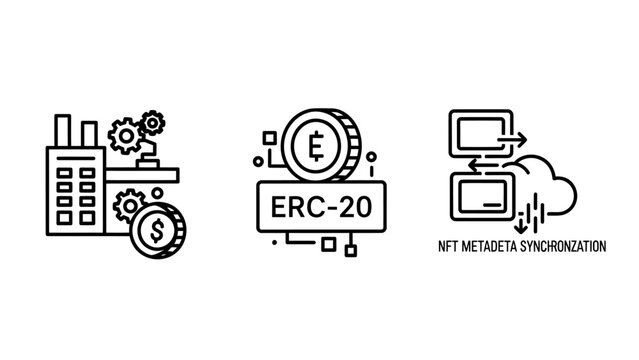 Financial technology blockchain and asset management icon set with blockchain cryptocurrency industry technology metadata synchronization investment software transaction enterprise computer