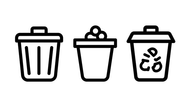 Set of three waste management and recycling bin line icons with disposal environment sustainability cleaning container minimalist collection management pollution protection conservation