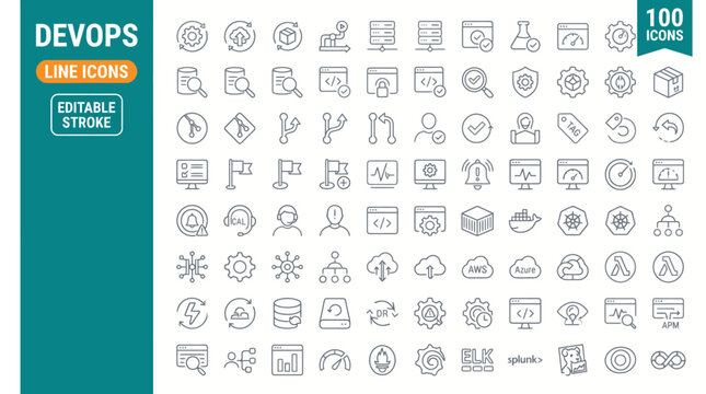 A collection of 100 DevOps line icons with editable stroke for developers and engineers jpg