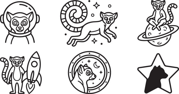 Set of six black and white outline illustrations featuring cute lemurs exploring outer space in a fun graphic art style