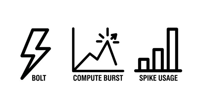 Set of computing and power usage icons featuring electrical bolt compute burst and spike usage line graph electricity performance computing analytics analysis statistics increase capacity