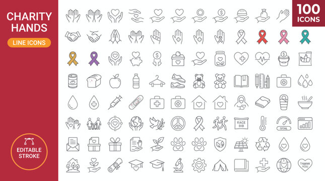 A collection of charity line icons featuring hands, hearts, and awareness ribbons for non-profit and social causes. jpg