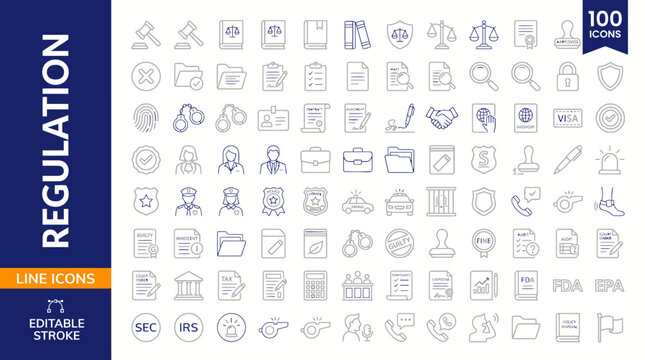 A collection of 100 editable line icons related to regulation and compliance jpg