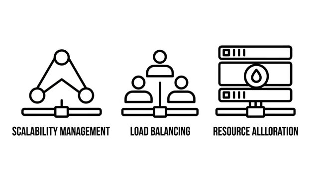 Set of scalability management and resource allocation icons with scalability management balancing resource allocation infrastructure technology computer hardware efficiency optimization