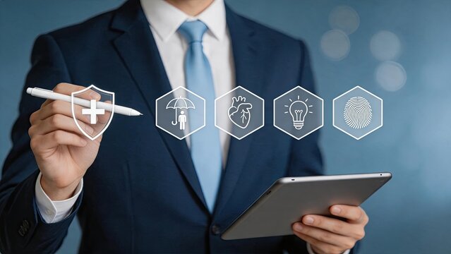 Businessman holding tablet and stylus with floating health insurance and security icons, representing medical coverage, life protection, and biometric authentication services for