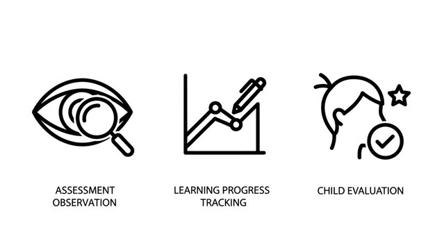 Set of student progress tracking and assessment evaluation line icons with education assessment learning progress tracking evaluation academic performance development information analysis