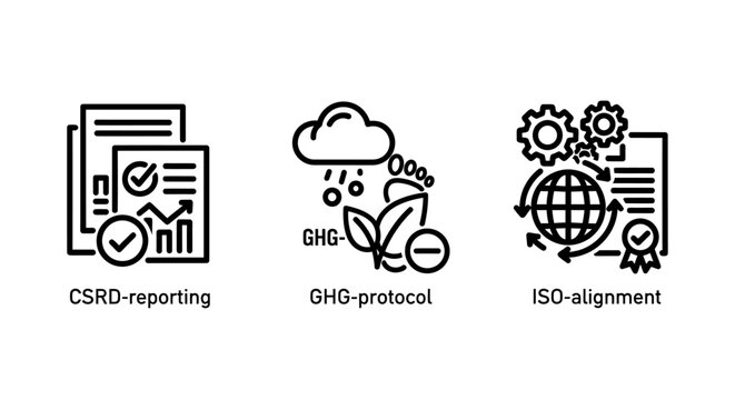 Corporate compliance and sustainability reporting icons showing csrd ghg protocol and iso alignment with compliance reporting sustainability protocol alignment corporate governance environment