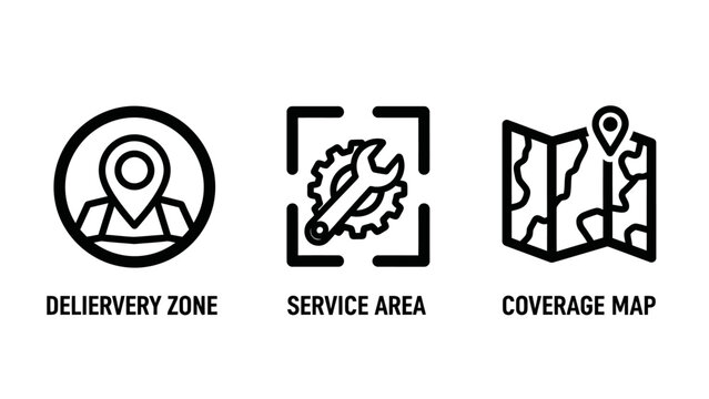 Logistics and service area location map icons with logistics delivery location navigation transport shipping maintenance coverage distribution technical destination tracking geography
