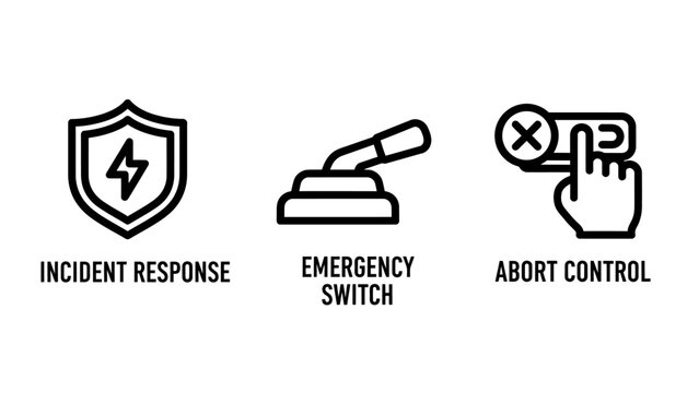 Industrial safety and security monitoring icons showing incident response emergency switch and abort control with security industry emergency incident response protection lightning management