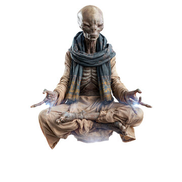Ancient alien monk floating in meditation pose isolated on black background for spiritual science fiction fantasy concept