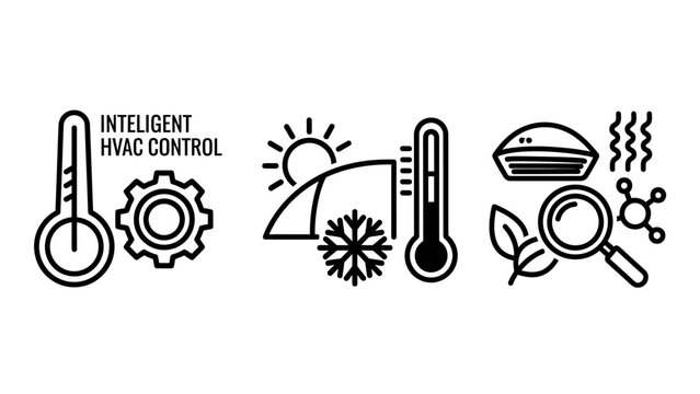 Intelligent hvac climate control and environmental research icons set for temperature management with temperature efficiency thermometer snowflake environmental research analysis magnifying