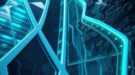 Fototapeta premium Futuristic interior, glowing blue lines form complex geometric patterns. Dark rocky textures contrast bright illumination. Dramatic perspective.